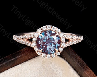 Lab Alexandrite engagement ring,round cut ring, rose gold ring ,art deco Vintage diamond  Unique moissanite/diamond ring Anniversary
