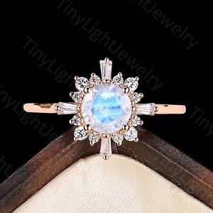 Art deco moonstone engagement ring vintage tapered baguette moissanite ring rose gold diamond ring unique round anniversary promise ring