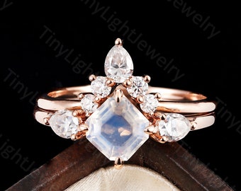 Asscher cut moonstone engagement ring set Vintage moonstone ring art deco ring rose gold ring prong set ring Bridal set Anniversary ring