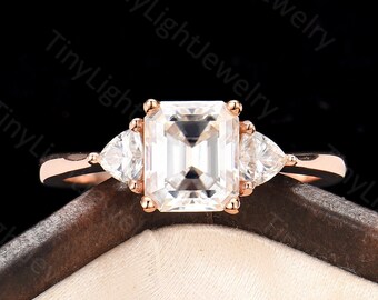 Elongated Cushion Moissanite engagement ring Art deco engagement ring Trillion moissanite ring Vintage rose gold ring three stone ring