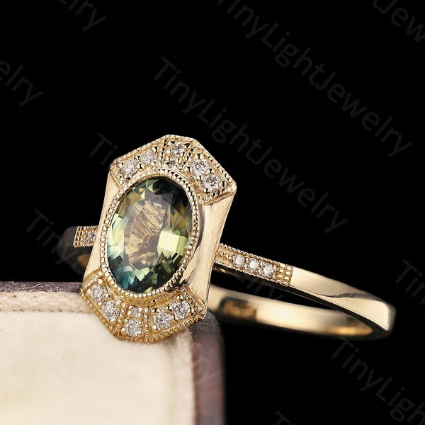 Vintage green sapphire ring, Oval shape green sapphire  ring, Rose gold ring, Art deco ring, Diamond Moissanite ring Antique Wedding ring