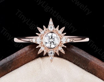 Art deco Solar Moissanite engagement ring - Unique rose gold ring halo ring | Unique wedding ring women Promise ring Gift By TinyLight