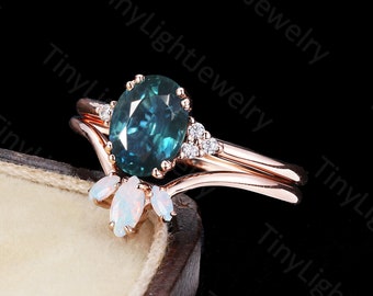 Vintage Blue green sapphire ring teal sapphire engagement ring Opal Moissanite Rose Gold Art Deco Wedding Bridal Set For Women