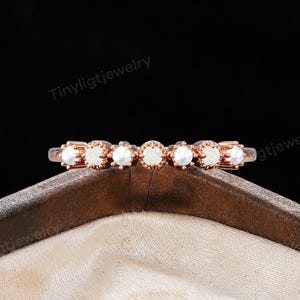 White Opal and Pearl Wedding Band – 14K Rose Gold Hlaf Eternity Ring with Milgrain | Vintage Stackable Matching Ring Anniversary Band
