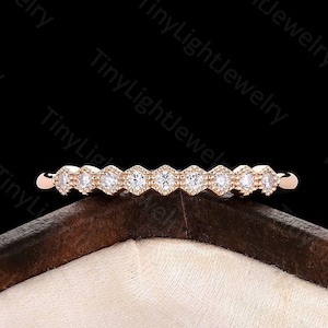 Vintage Milgrain Moissanite Wedding Band, Round Diamond Stacking Ring, Delicate Matching Band