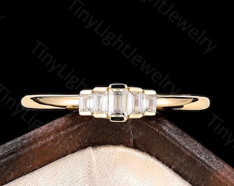 Art Deco Baguette Diamond Ring, Five Stone Promise Band, Vintage Anniversary Gift for Her
