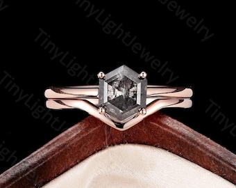Salt And Pepper Diamond Engagement Ring - Art Deco Hexagon Rose Gold Ring Women | Delicate Solitare Ring | Promise Ring Gift By Tinylight