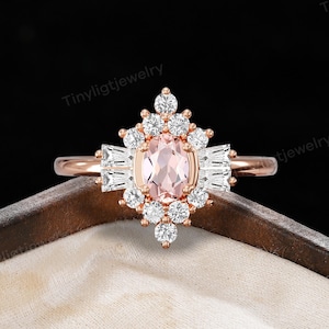 Orange Pink Morganite Cluster Engagement Ring - Art Deco Tapered Baguette Lab Grown Diamond Halo Ring | 14K Gold Promise Ring By TinyLight