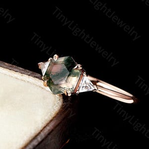 Hexagon Moss Agate Engagement Ring - Art Deco Three Stones Ring | 14K Gold Wedding Ring Vintage Promise Ring Nature Bridal Ring By Tinylight