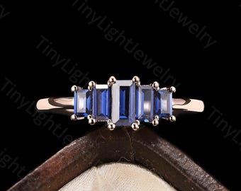 Art deco baguette lab sapphire engagement ring - vintage rose gold sapphire wedding ring, Elegant Five Stones ring,Promise Ring,Gift for her