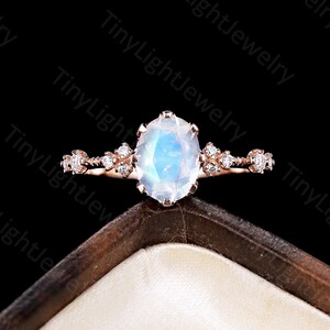 Oval Shaped Moonstone Engagement Ring, Vintage Ring With Round Moissanite, 14k Rose Gold Milgrain Ring, Unique Anniversary Ring Gift for her