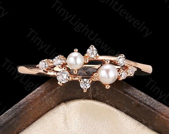 Vintage Round shaped Akoya Pearl wedding band Unique Diamond ring Rose gold ring Prong set ring Matching band Anniversary promise ring