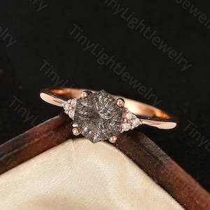 Black Rutilated Quartz Engagement Ring in 14K Rose Gold - Art Deco Hexagon Wedding Ring Women | Vintage Moissanite Promise Ring By Tinylight