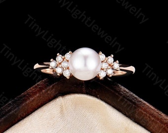 Round Akoya Pearl Engagement Ring - Minimalist Cluster Pearl Ring | Rose Gold Wedding Ring Women | Moissanite Ring Promise Ring By Tinylight