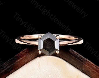 Anel de Noivado Minimalista Hexagonal Sal e Pimenta com Diamantes, Anel Solitário Art Déco, Presente de Aniversário