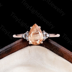 Oregon sunstone engagement ring art deco pear shaped ring set unique rose gold ring salt and pepper diamond halo ring vintage women ring