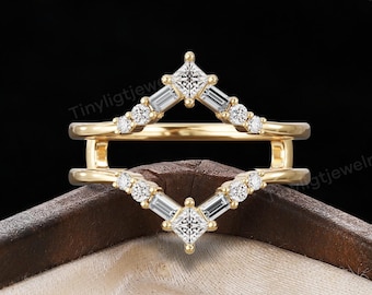 Art Deco Moissanite V-förmige Vergrößerer Ehering, Geometrische Prinzessin Stone Stacking Ring, Elegant Band