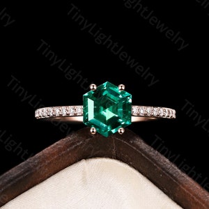 Vintage Emerald engagement ring hexagon cut ring half eternity ring rose gold ring prong ring antique moissanite diamond ring art deco ring