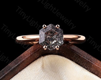 Art deco Hexagon shaped Black Rutilated Quartz engagement ring Rose gold ring Solitaire ring Prong set ring Anniversary promise ring