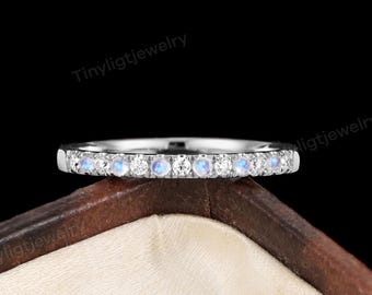 White Gold Moonstone Eternity Band, Dainty Stacking Stacking ring, Vintage Moissanite Anniversary Band, Round Matching Bridal Jewelry Gift