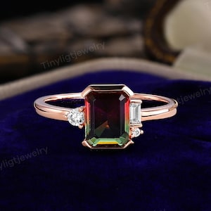 Art Deco Watermelon Tourmaline Engagement Ring, 14K Rose Gold Ring, Asymmetrical Moissanite Ring, Unique Emerald Cut Colorful Gemstone Ring