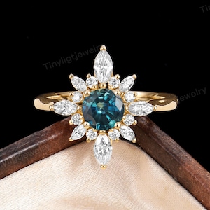 Teal sapphire engagement ring Round ring art deco peacock blue sapphire ring Vintage diamond ring Unique moissanite ring gift for her