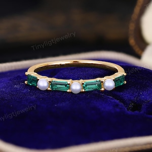 Baguette Emerald and Pearl Wedding Ring - 14K Gold Art Deco Stacking Ring Wedding Band | Dainty Minimalist Wedding Band or Gift for Her