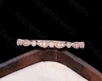 Moissanite wedding band Half eternity band Art Deco round diamond band vintage solid rose gold band Antique Bridal Promise Anniversary