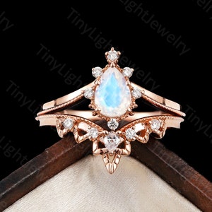 Pear moonstone engagement ring diamond ring |art deco |rose gold vintage engagement ring |Moissanite halo | Unique ring Anniversary ring