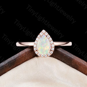 Vintage Pear cut Opal ring engagement ring rose gold ,art deco halo engagement ring Moissanite ring Diamond ring jewelry Anniversary ring