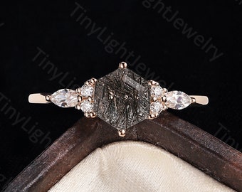 Black Rutilated Quartz engagement ring hexagon cut ring Quartz ring vintage ring art deco ring prong ring promise ring anniversary ring