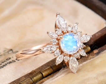 Art Deco Moonstone Engagement Ring, Moissanite Starburst Halo Ring, Delicate 14k Rose Gold Ring, Custom Anniversary Bridal Ring For Women