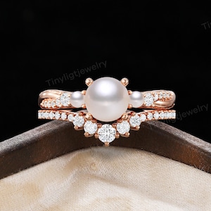 Freshwater Pearl Pave Twist Engagement Ring Set -14K Gold Pearl curved Wedding Band | Elegant Stackable Bridal Set Promise Ring Set Women