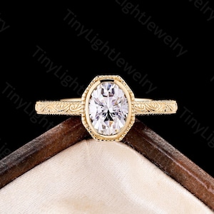 Vintage bezel Moissanite Engagement Ring, Art Deco Edwardian Antique Ring with Intricate Engraved, Milgrain Diamond Wedding Ring for Women