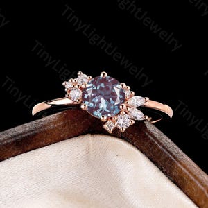Vintage round lab alexandrite engagement ring rose gold diamond cluster ring marquise moissanite ring women anniversary promise bridal ring