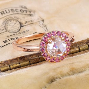 Rose cut Moissanite engagement ring - pink sapphire halo ring | round shape art deco 14K rose gold ring | vintage ring anniversary ring