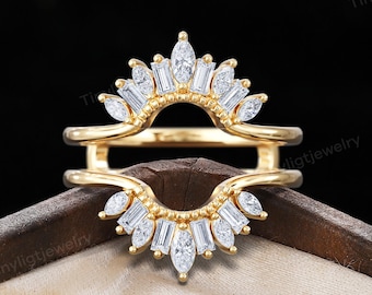 Art-Deco-Baguette-Diamant-Enhancer-Hochzeitsring, Chevron-Krone, doppelt offener Ring