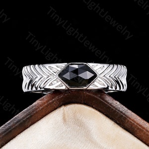 Vintage hexagon cut black onyx engagement ring white gold solitaire ring art deco rose cut ring bezel set ring anniversary promise ring
