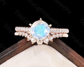 Moonstone engagement ring set art deco Round moonstone ring rose gold ring half eternity band curved pearl wedding band Anniversary ring