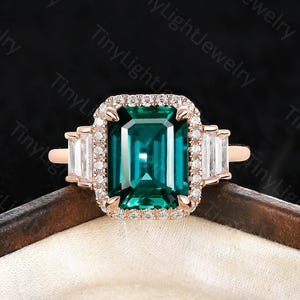 Vintage Emerald Cut Lab Emerald Engagement Ring - Art Deco Ring Moissanite Halo in 14K Rose Gold | Unique Statement Ring Cocktail Ring