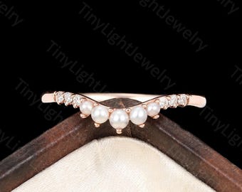 Dainty Pearl Diamond Curved Wedding Band, 10K Rose Gold V-Shaped Matching Ring, Delicate Stackable Wedding Ring, Unique Promise Ring for Her