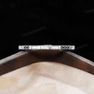 Baguette Lab Grown Diamond Wedding Band,Vintage White Gold Wedding Band Matching Ring,Unique Half Eternity Stacking Band Bridal Gift For Her
