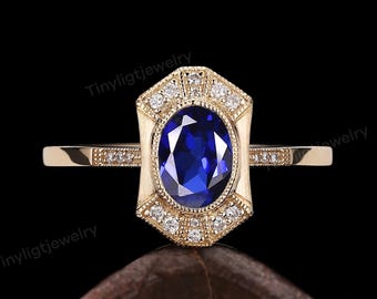 Antique Oval Lab Sapphire Engagement Ring, Brushed Yellow Gold Revival Ring, Octagon Statement Jewelry