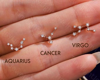 12 Zodiac Constellation Stud Earrings, Flat Back Star Sign Earrings, Dainty Moissanite Rose Gold Celestial Earrings, Birthday Astrology Gift