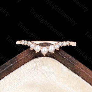 Moissanite & Pearl Curved Wedding Band - Natural Round Pearls Ring | 14K Rose Gold Ring Half Eternity Band | Promise Ring By Tinylight