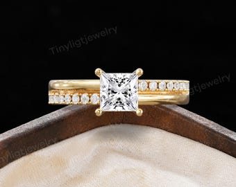 Princess Cut Moissanite Engagement Ring - Minimalist Dainty Asymmetric Pavé | Double Gold Band  Ring  Art Deco Morden Solitaire Promise Ring