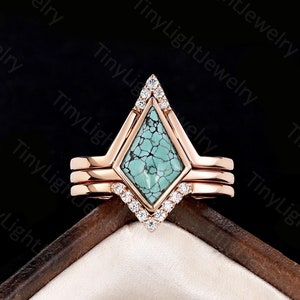 kite green turquoise engagement ring set rose gold ring vintage round moissanite ring unique curved band anniversary promise bridal set