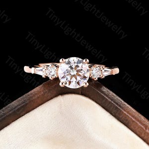 Vintage round shape moissanite engagement ring tapered baguette shape diamond ring rose gold ring prong set ring anniversary promise ring