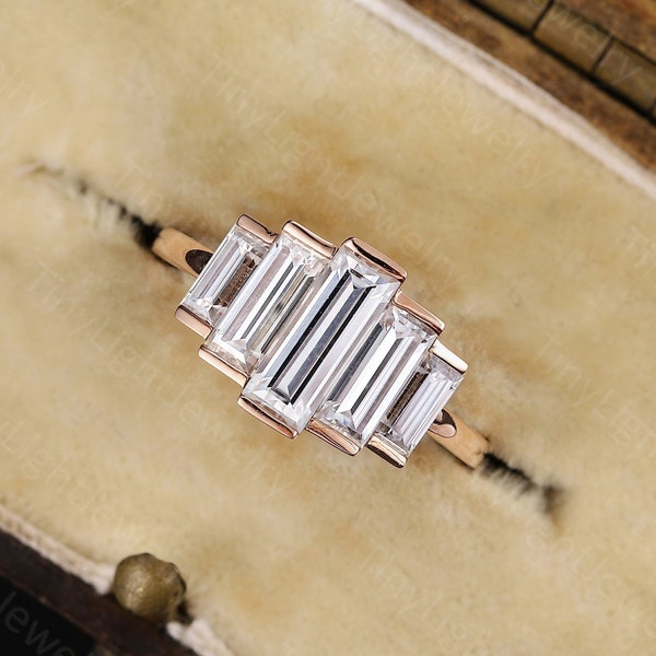 Art deco moissanite engagement ring unique ring cubic zirconia ring baguette cut ring vintage half bezel set rose gold ring bridal ring