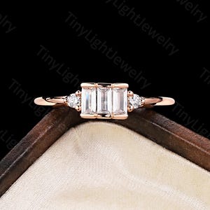 Vintage baguette shape moissanite engagement ring round shape diamond ring rose gold ring unique art deco ring anniversary promise ring
